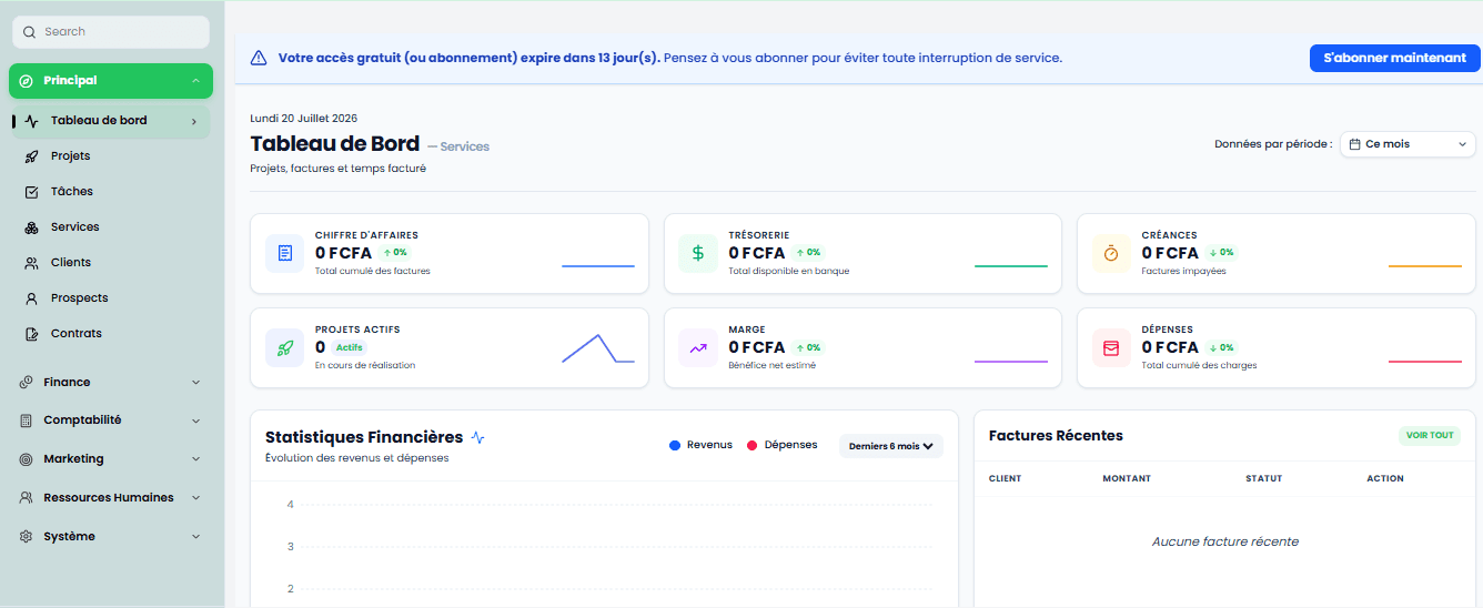 Tableau de bord logiciel de facturation et devis Jookko Service au Sénégal et Côte d'Ivoire