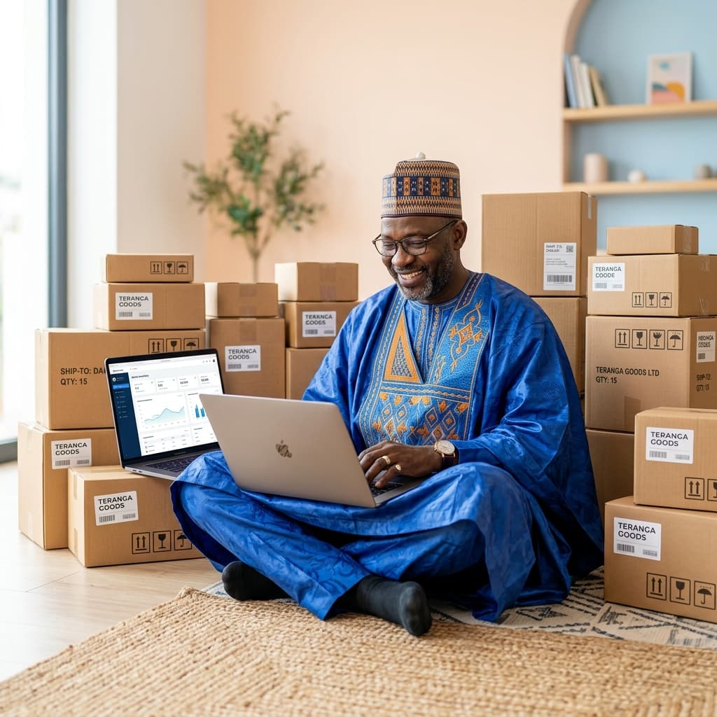 Commerçant africain utilisant le logiciel de caisse Jookko Commerce